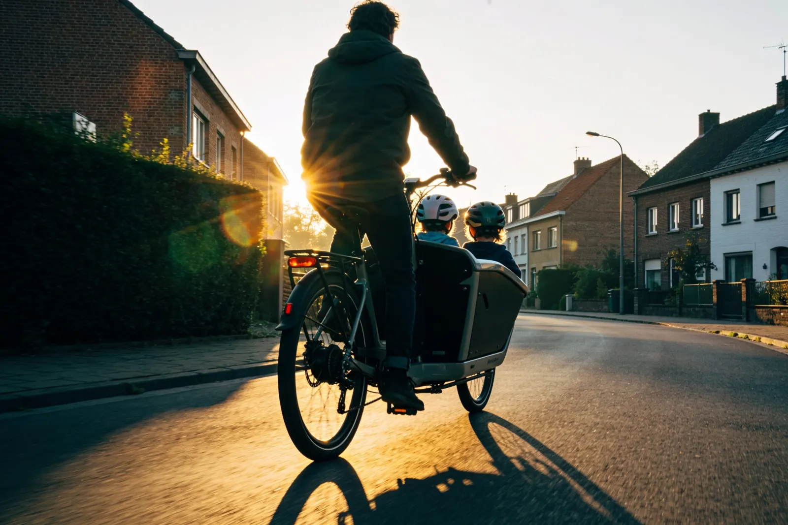 Ouder brengt kinderen met de bakfiets naar school